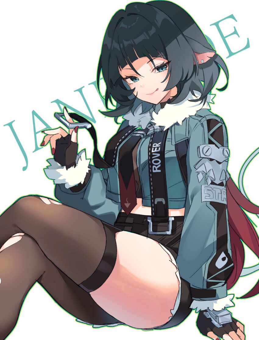 1girl :q animal_ears black_gloves black_hair black_shorts blunt_bangs brown_pantyhose brown_thighhighs character_name closed_mouth cowboy_shot fingerless_gloves fingernails fur-trimmed_jacket fur_trim gloves green_eyes green_hair green_jacket high-waist_shorts highres jacket jane_doe_(zenless_zone_zero) long_hair looking_at_viewer mouse_ears mouse_girl mouse_tail multicolored_hair nail_polish pantyhose red_hair red_nails shirase_(shirose) shorts sidelocks single_leg_pantyhose single_thighhigh smile solo tail thighhighs tongue tongue_out torn_clothes torn_pantyhose torn_thighhighs two-tone_hair zenless_zone_zero