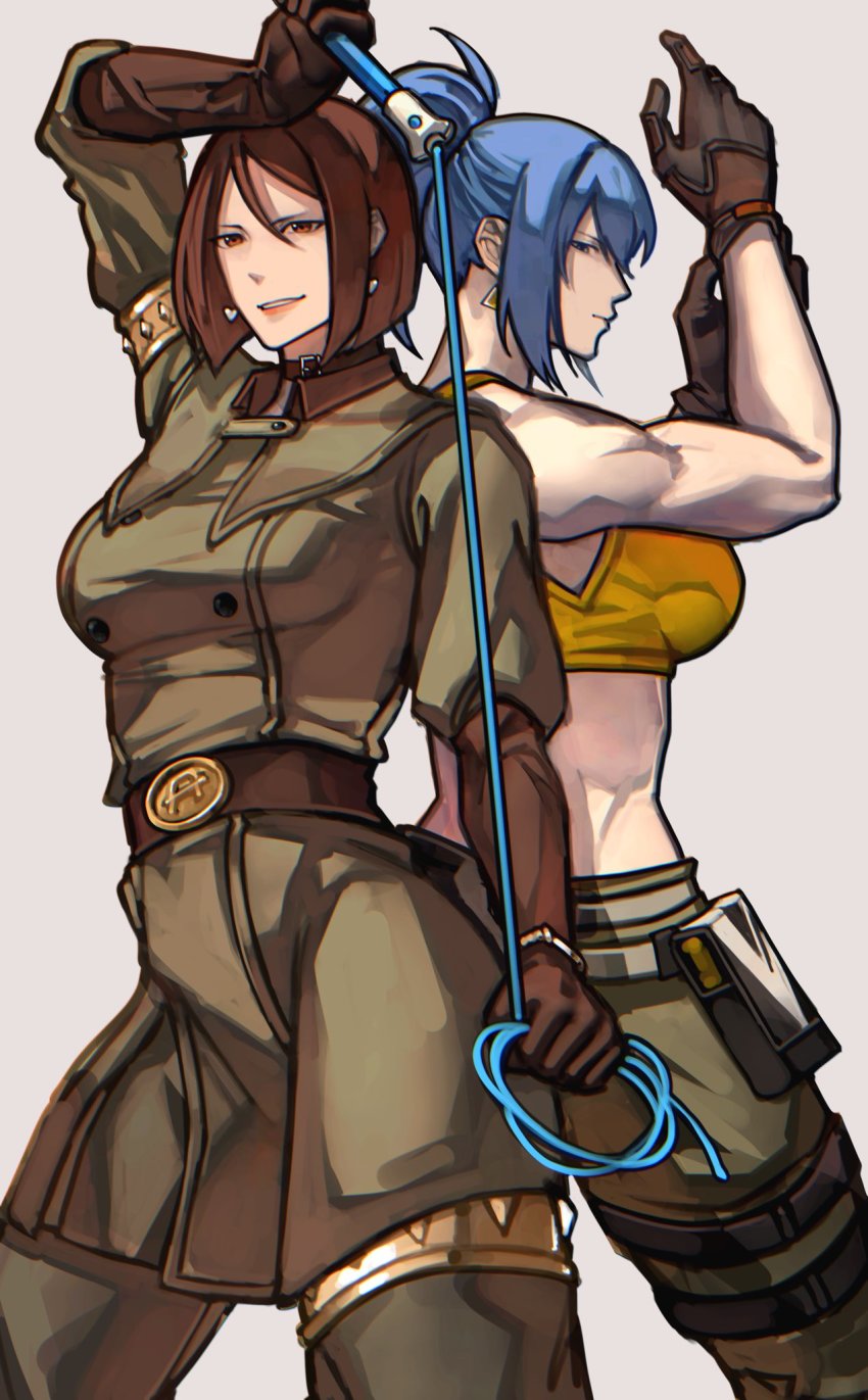 2girls adjusting_clothes adjusting_gloves belt blue_eyes blue_hair bob_cut breasts brown_eyes brown_hair cowboy_shot elbow_gloves gloves highres holding holding_weapon holding_whip ikari_warriors leona_heidern military military_uniform multiple_girls short_hair simple_background syachiiro tank_top the_king_of_fighters the_king_of_fighters_xv weapon whip whip_(kof) yellow_tank_top