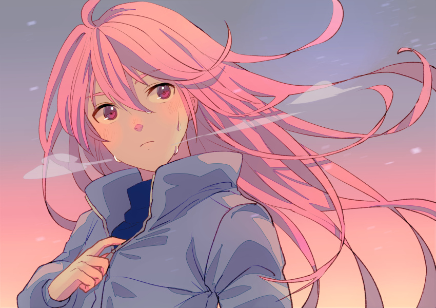 1girl ahoge blue_jacket blue_shirt celeste_(video_game) closed_mouth coat fuwamoko_momen_toufu highres jacket long_hair long_sleeves looking_at_viewer madeline_(celeste) orange_hair pink_eyes shirt sky solo upper_body very_long_hair winter_clothes winter_coat zipper