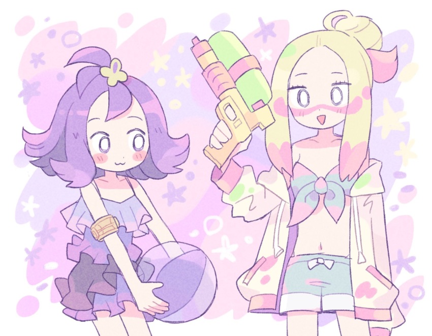 2girls :3 acerola_(pokemon) ball beachball blonde_hair blush blush_stickers creatures_(company) dress game_freak hair_ornament highres long_hair long_sleeves midriff mina_(pokemon) multiple_girls nintendo open_mouth paint_on_clothes paint_splatter paint_splatter_on_face pokemon pokemon_sm purple_hair remoooon short_hair shorts smile star_(symbol) water_gun