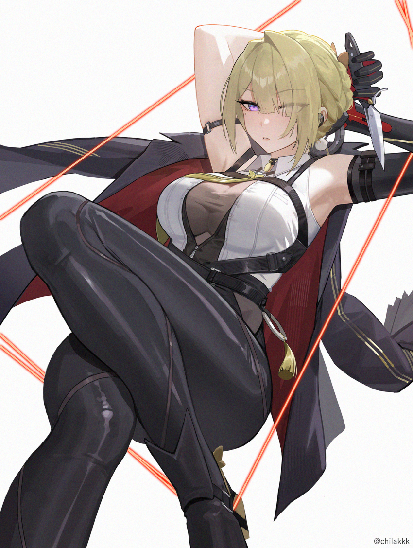 1girl arm_strap armpits arms_up artist_name black_gloves black_jacket black_pants blonde_hair breasts chest_harness chilakkk cleavage commentary dagger elbow_gloves evelyn_chevalier gloves hair_intakes harness highres holding holding_knife jacket knife large_breasts long_hair looking_at_viewer multicolored_clothes multicolored_jacket open_clothes open_jacket pants purple_eyes red_jacket see-through_cleavage see-through_clothes shirt simple_background single_elbow_glove sleeveless sleeveless_shirt solo tassel tight_clothes tight_pants two-tone_jacket weapon white_background white_shirt zenless_zone_zero