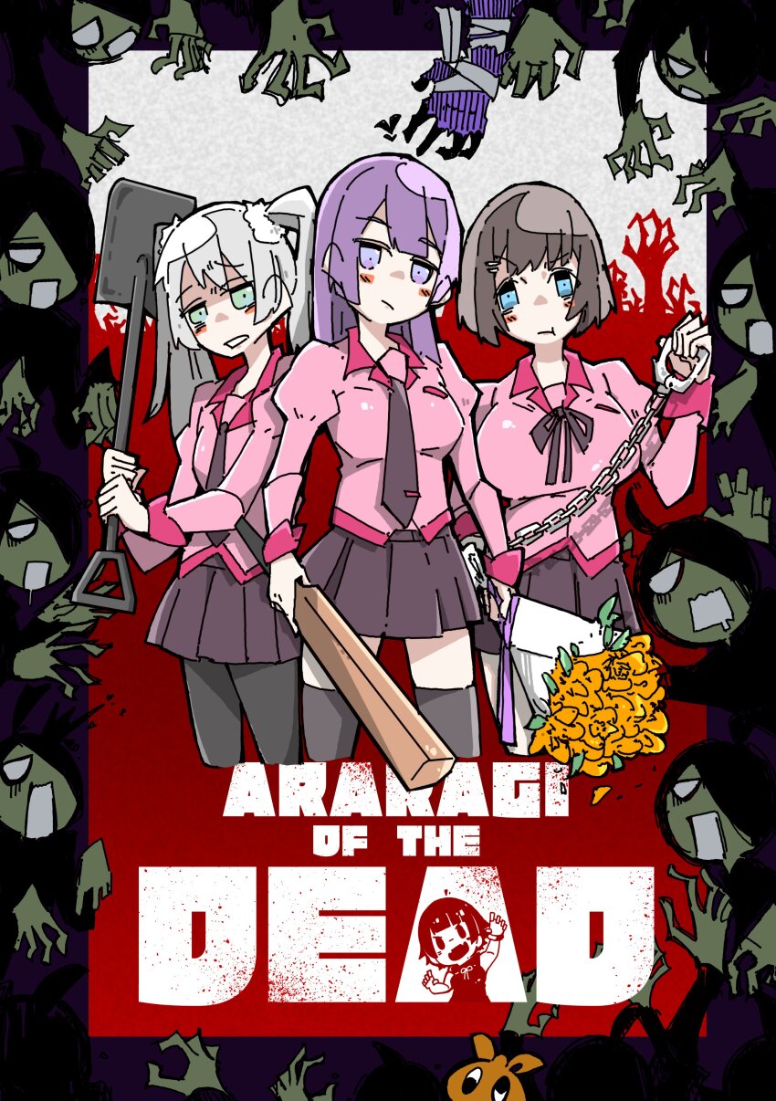 3girls absurdres araragi_koyomi bandaged_hand bandages black_hanekawa black_pantyhose black_thighhighs blue_eyes blush_stickers bouquet breasts brown_hair chain dawn_of_the_dead flower green_eyes grey_necktie hair_ornament hairclip hanekawa_tsubasa highres holding holding_bouquet holding_chain holding_shovel jacket long_hair looking_at_viewer monogatari_(series) multiple_girls multiple_others naoetsu_high_school_uniform neck_ribbon necktie oikura_sodachi oshino_ougi ozworld_9800 pantyhose parody parted_lips pink_jacket pleated_skirt poster_(medium) poster_parody purple_eyes purple_hair red_ribbon ribbon school_uniform sengoku_nadeko senjougahara_hitagi short_hair shovel skirt thighhighs twintails white_hair zombie