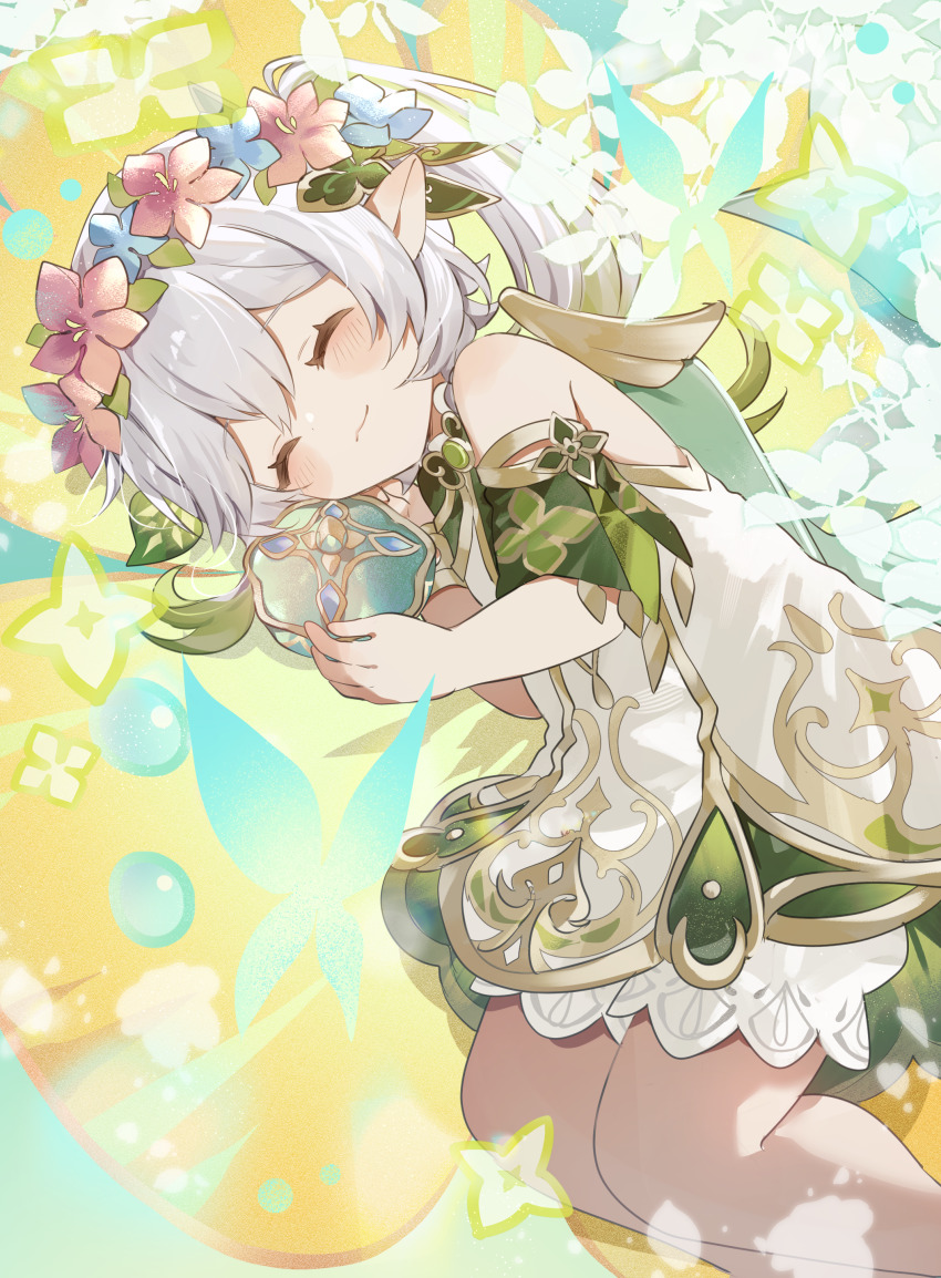 1girl ^_^ absurdres bare_shoulders bloomers blue_flower blush closed_eyes closed_mouth commentary_request detached_sleeves dress flower flower_wreath genshin_impact gold_trim gradient_hair green_hair green_sleeves hair_between_eyes hair_ornament head_wreath highres leaf_hair_ornament long_hair lying multicolored_hair nahida_(genshin_impact) on_side pointy_ears red_flower side_ponytail sleeveless sleeveless_dress solo sorani_(kaeru0768) underwear white_bloomers white_dress white_hair