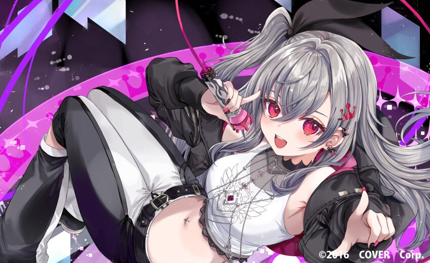 1girl belt black_belt black_jacket grey_hair hair_between_eyes highres hinakisara holding holding_microphone hololive hololive_dev_is isaki_riona jacket long_hair microphone navel official_art one_side_up open_clothes open_jacket open_mouth original pants pointing pointing_at_viewer red_eyes shirt sleeveless sleeveless_shirt smile solo stomach virtual_youtuber white_shirt