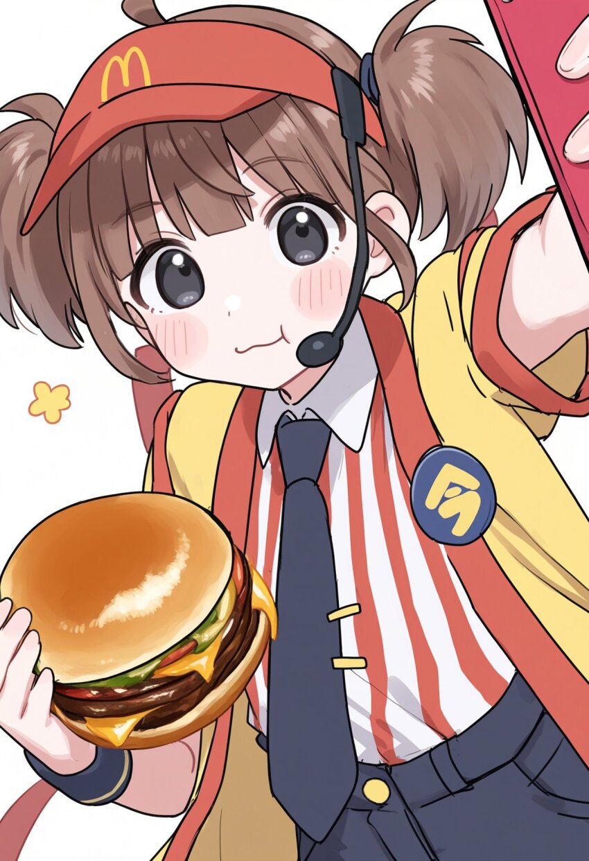 1girl ahoge badge blush brown_hair burger button_badge cellphone collared_shirt commentary double_cheese_(mcdonald&#039;s) employee_uniform fast_food_uniform food grey_eyes happi hat headset highres holding holding_burger holding_food japanese_clothes looking_at_viewer mcdonald&#039;s necktie note_kaga open_happi phone pinstripe_pattern pinstripe_shirt red_hat selfie shirt shorts smartphone solo striped_clothes striped_shirt tie_clip twintails visor_cap white_background yellow_happi