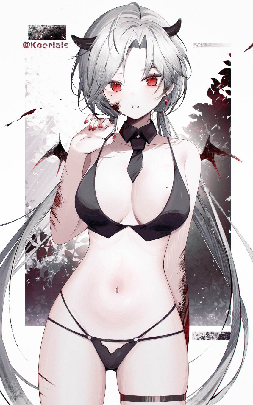 1girl absurdres bikini black_bikini black_necktie black_wings blood blood_on_arm blood_on_face breasts cleavage commentary cowboy_shot detached_collar earrings grey_hair highres horns jewelry kooriais large_breasts long_hair low_twintails mini_wings mole mole_on_breast mole_under_eye nail_polish navel necktie original parted_lips red_eyes red_nails scar scar_on_leg single_earring solo swimsuit symbol-only_commentary thigh_strap twintails very_long_hair wings