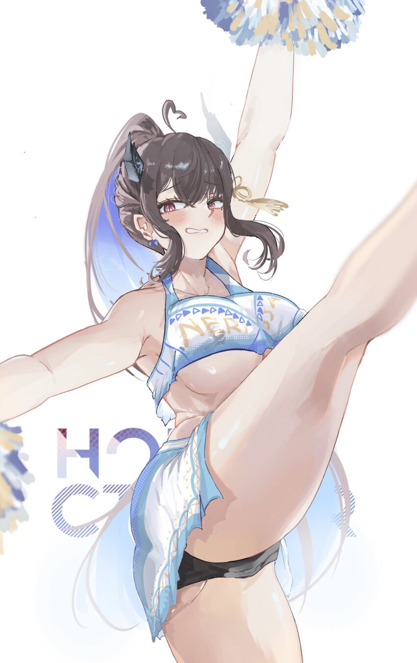 1girl absurdres ahoge arm_up armpits asymmetrical_horns bare_arms black_panties blurry blush breasts brown_hair cameltoe cheerleader clenched_teeth colored_inner_hair covered_erect_nipples crotch_focus crystal_horns demon_horns depth_of_field earrings english_text hair_ribbon hand_up harikyon_dzs highres hololive hololive_english horns jewelry large_breasts leg_up looking_at_viewer multicolored_hair nerissa_ravencroft panties pom_pom_(cheerleading) purple_eyes ribbon shadow skirt solo teeth underboob underwear uneven_horns virtual_youtuber white_background white_skirt