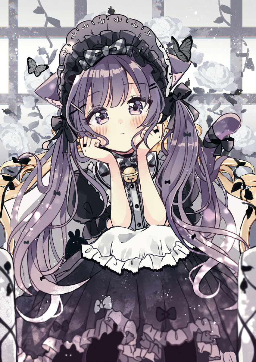 absurdres animal_ears bell bow bug butterfly cat_ears cat_girl flower fushigi_na_neko_no_machi_meltier gosick goth_fashion gothic_lolita hair_ornament highres insect lolita_fashion original purple_eyes purple_hair rose sakura_oriko solo twintails x_hair_ornament