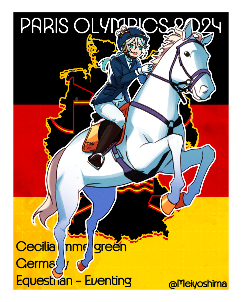 1girl 2024_summer_olympics absurdres alternate_costume blue_hat blue_jacket boots border braid braided_ponytail cecilia_immergreen commentary english_commentary english_text flag_background german_flag germany gloves gradient_hair green_eyes green_hair grey_hair hat highres holding holding_reins hololive hololive_english horse horseback_riding jacket knee_boots long_sleeves meiyoshima multicolored_hair olympics open_mouth pants pants_tucked_in reins riding riding_boots riding_outfit saddle shirt single_braid solo twitter_username virtual_youtuber white_border white_gloves white_pants white_shirt winding_key