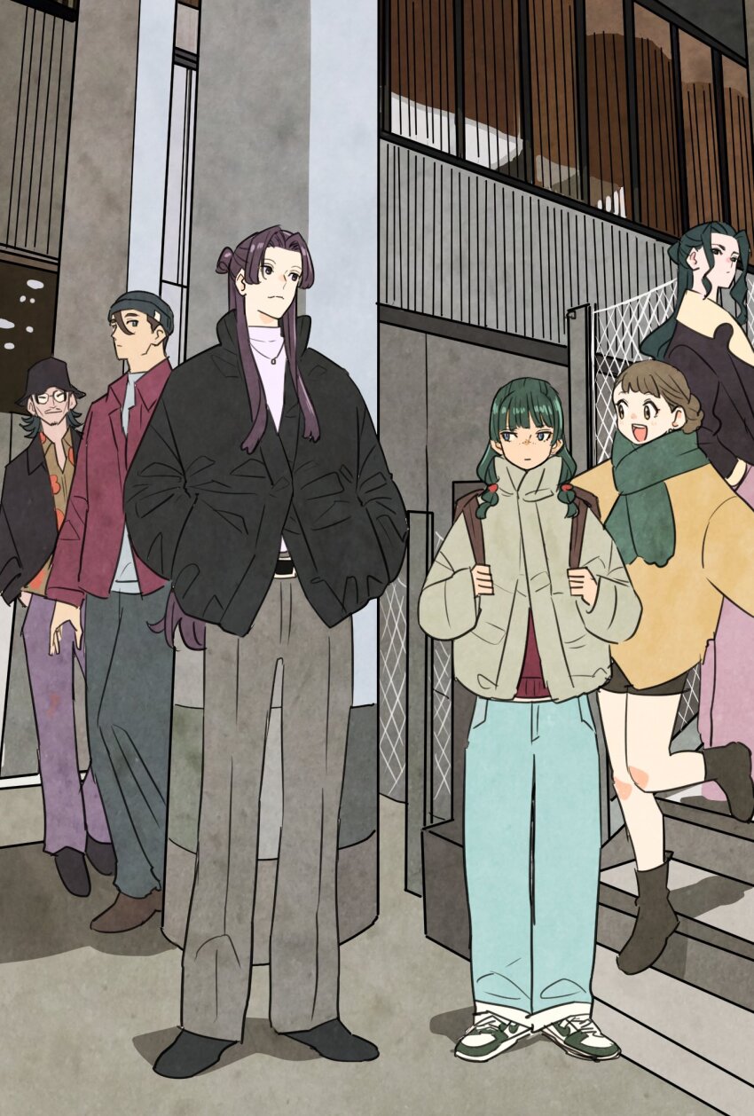 3boys 3girls bag belt brown_hair closed_mouth coat commentary_request freckles full_body glasses green_hair grey_pants gyokuyou_(kusuriya_no_hitorigoto) hair_between_eyes half_updo hands_in_pockets hat highres jinshi_(kusuriya_no_hitorigoto) kusuriya_no_hitorigoto lakan_(kusuriya_no_hitorigoto) long_hair maomao_(kusuriya_no_hitorigoto) multiple_boys multiple_girls open_mouth pants purple_hair purple_pants purple_shirt scarf shirt shoes shoulder_bag sidelocks smile sneakers standing standing_on_one_leg suirei_(kusuriya_no_hitorigoto) takeuchi_ryousuke twintails wavy_hair xiaolan_(kusuriya_no_hitorigoto)