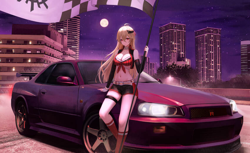 1girl absurdres ahoge aura_kingdom bare_shoulders belt black_shorts black_vest blonde_hair breasts building car character_request checkered_flag choker cleavage commission crop_top cropped_vest detached_sleeves flag front-tie_top full_moon hair_ornament highres holding holding_flag kcar66t kneehighs large_breasts long_hair long_sleeves looking_at_viewer midriff moon motor_vehicle navel night nissan nissan_skyline nissan_skyline_r34 outdoors pixiv_commission red_eyes red_shirt red_socks shirt short_shorts shorts skyscraper sleeveless sleeveless_shirt socks solo sports_car standing stomach thigh_strap thighs vest white_choker