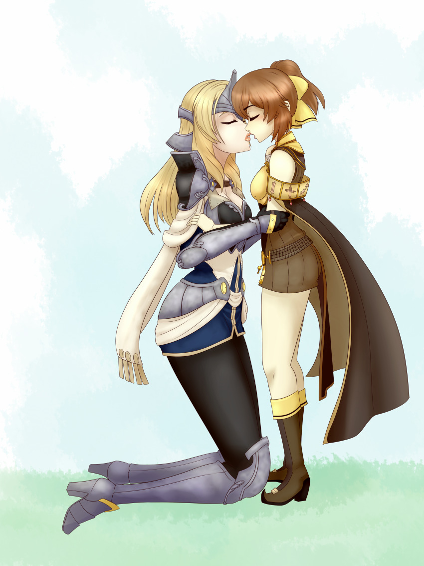 2girls absurdres age_difference arm_guards armor armored_boots blonde_hair boobplate boots breastplate brown_hair cape child commission commissioner_upload delthea_(fire_emblem) dress fire_emblem fire_emblem_echoes:_shadows_of_valentia height_difference helmet highres imminent_kiss knee_boots knee_pads long_hair m-a-v-e-r-i-c-k mathilda_(fire_emblem) multiple_girls nintendo non-web_source onee-loli open_mouth pantyhose ponytail yuri