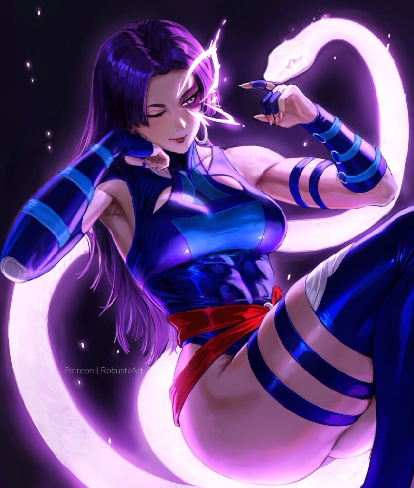 1girl abs ass bare_shoulders blue_leotard breasts elbow_gloves gloves highleg highleg_leotard highres large_breasts leotard long_hair marvel marvel_rivals one_eye_closed psylocke purple_eyes purple_hair robusta_mania sash snake solo superhero_costume thighhighs x-men