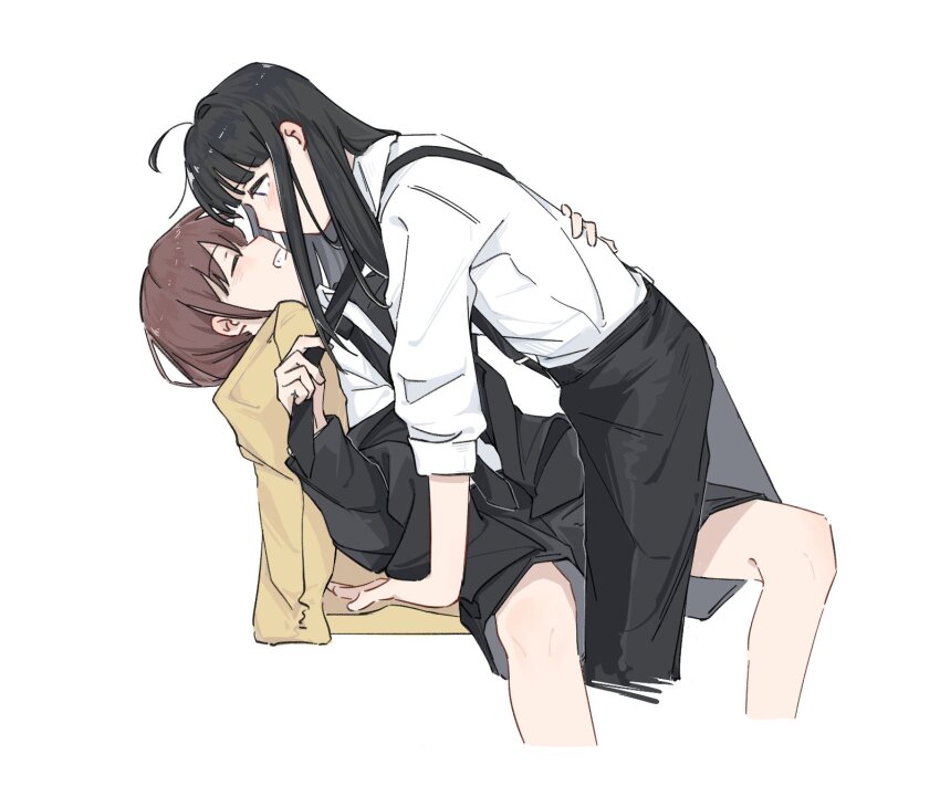 1girl 2girls ahoge awa_subaru black_hair black_jacket black_necktie black_pants black_shorts blush brown_hair closed_eyes clothes_grab commentary girls_band_cry hashtag-only_commentary highres iseri_nina jacket leaning_forward long_hair multiple_girls necktie necktie_grab neckwear_grab open_mouth pants shirt short_hair shorts sidelocks simple_background smile suspenders white_background white_shirt xqii yuri