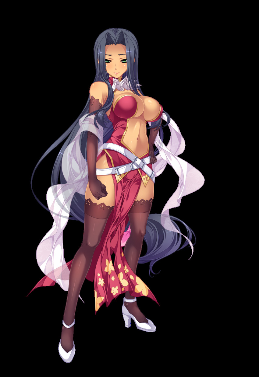 1girl :o absurdres belt belt_skirt bibyo black_hair black_thighhighs blush breasts center_opening cleavage crossed_arms dark-skinned_female dark_skin elbow_gloves female_focus full_body game_cg gloves green_eyes high_heels highres hikage_eiji katagiri_hinata koihime_musou large_breasts legs_together long_hair looking_at_viewer low-tied_long_hair mole mole_under_eye navel official_art pelvic_curtain revealing_clothes shin_koihime_musou shoes shuuyu_(koihime_musou) sleeveless smile solo tan thighhighs transparent_background very_long_hair white_background