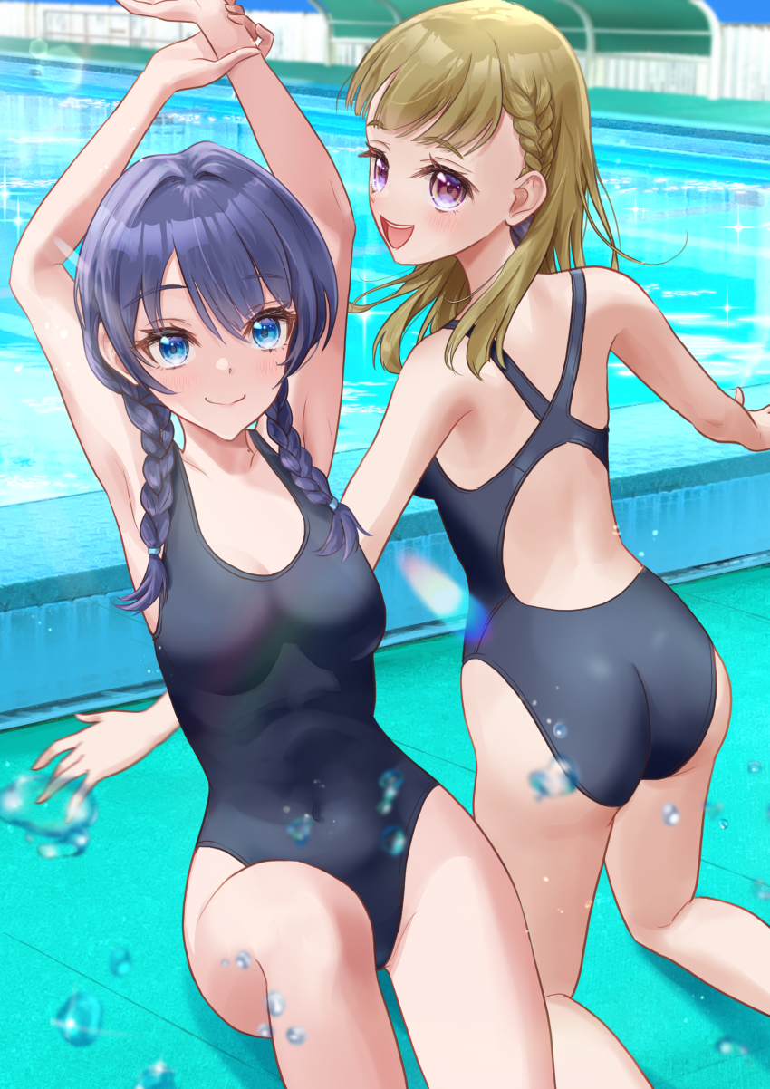 2girls absurdres arms_up ass blue_eyes blue_hair blue_one-piece_swimsuit blush braid breasts brown_hair closed_mouth commentary competition_swimsuit highres kachimachi_kosuzu kneeling kobassy link!_like!_love_live! long_hair looking_at_viewer love_live! low_twin_braids medium_breasts medium_hair multiple_girls murano_sayaka navel one-piece_swimsuit open_mouth pink_eyes pool poolside racerback side_braids sitting smile stretching swimsuit twin_braids virtual_youtuber water water_drop