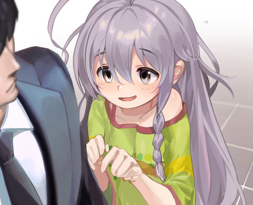 1boy 1girl absurdres ahoge black_hair blush braid collared_shirt formal_clothes grey_eyes grey_hair highres hoshi_syoko huge_ahoge idolmaster idolmaster_cinderella_girls long_hair looking_at_another necktie off_shoulder open_mouth producer_(idolmaster) shirt side_braid single_bare_shoulder smile solo_focus suit t-shirt takesoboro upper_body white_shirt