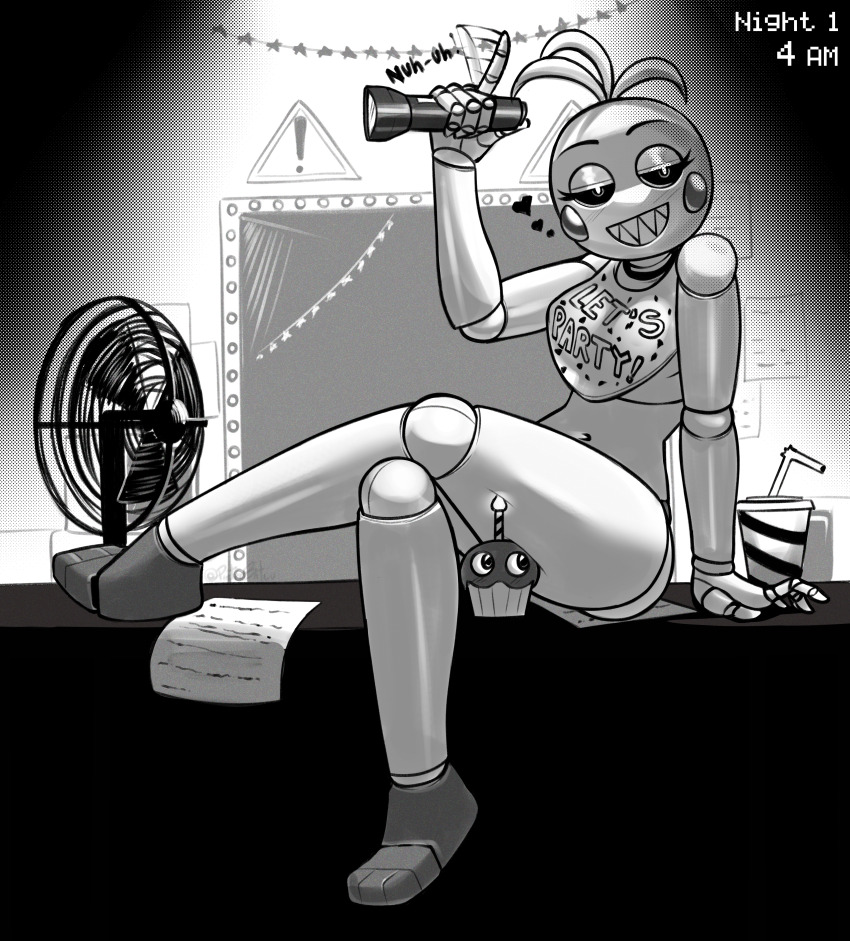 1girl absurdres afterimage bib blush_stickers breasts clothes_writing commentary crossed_legs cup cupcake cupcake_(fnaf) desk disposable_cup doorway drinking_straw electric_fan english_text finger_wagging five_nights_at_freddy&#039;s five_nights_at_freddy&#039;s_2 flashlight food full_body greyscale grin half-closed_eyes highres holding holding_flashlight joints looking_at_viewer medium_breasts monochrome navel on_desk paper pietrosatou robot robot_joints sharp_teeth sign sitting smile solo teeth timestamp toy_chica warning_sign