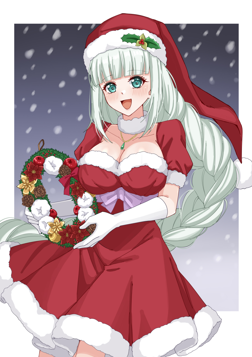 1girl absurdres blush breasts christmas christmas_wreath cleavage commission english_text facing_viewer gloves green_eyes hat high_ponytail highres holding holding_wreath jewelry lailah_(christmas)_(tales) lailah_(tales) large_breasts long_hair looking_at_viewer necklace open_mouth outdoors ponytail rynn_(darknescorez) santa_costume santa_hat skirt smile snowing solo tales_of_(series) tales_of_asteria tales_of_zestiria very_long_hair white_hair wreath