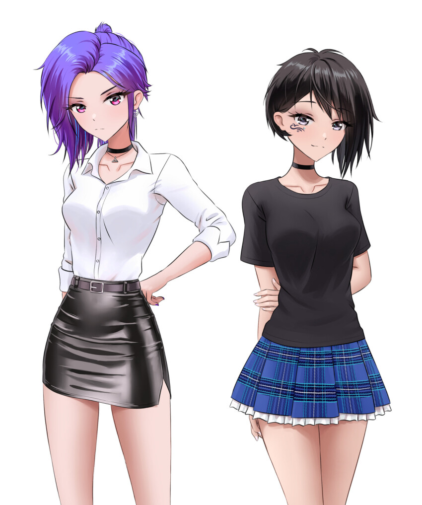 2girls black_hair black_shirt checkered_clothes choker commentary english_commentary highres iris_summer leather leo_queval multiple_girls purple_hair shirt short_hair skirt tattoo thighs umi_and_iris umi_shimizu white_shirt