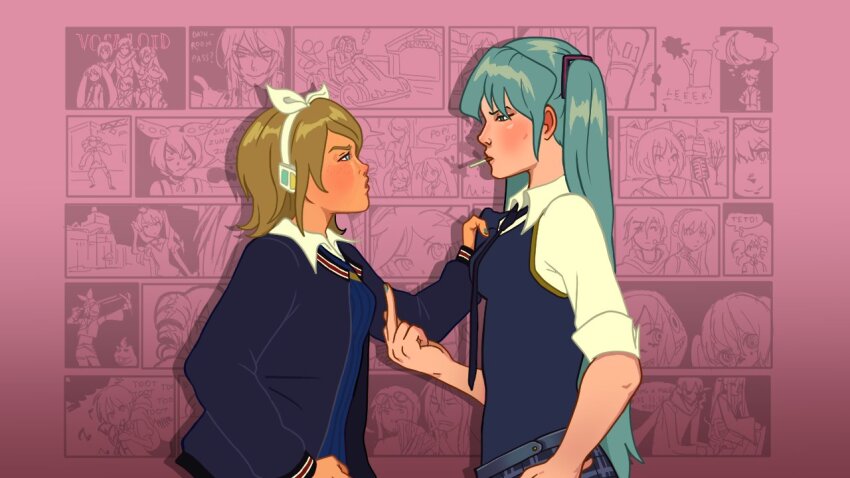 2girls aqua_hair blonde_hair blue_eyes blue_hair blue_jacket blue_nails blue_necktie blue_skirt blue_vest blush bow breasts bullworth_academy_school_uniform bully_(game) cigarette clothes_grab cosplay dress_shirt elbow_sleeve eye_contact gutterpink_(malu) hair_bow hair_ornament hand_on_own_hip hatsune_miku headphones jacket kagamine_rin letterman_jacket long_hair looking_at_another middle_finger multiple_girls necktie paneled_background plaid_clothes plaid_skirt school_uniform shirt shirt_grab short_hair simple_background skirt twintails very_long_hair vest vocaloid white_shirt