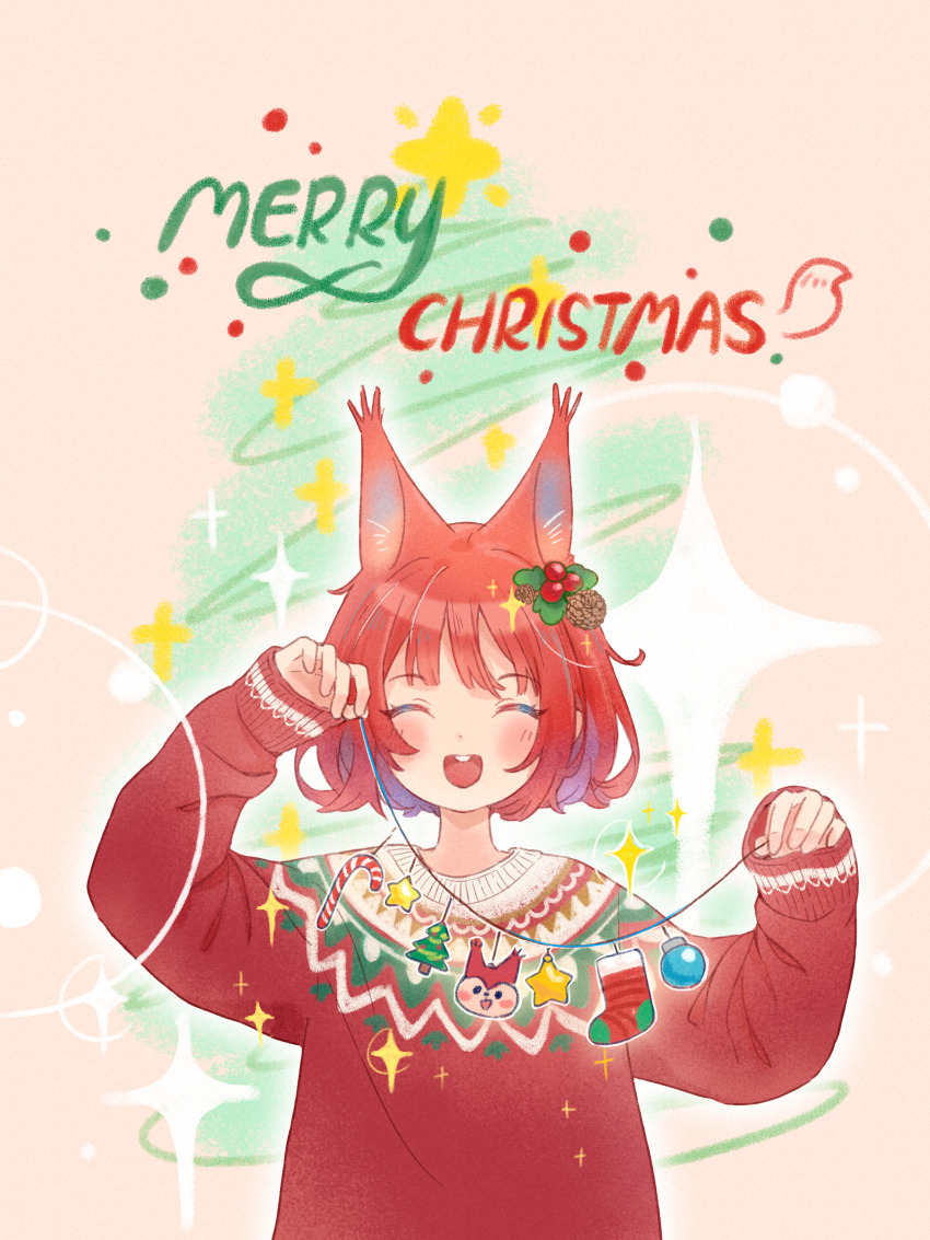 1girl :d ^_^ absurdres alternate_costume animal_ears arknights blush candy candy_cane chinese_commentary christmas closed_eyes commentary commentary_request english_commentary facing_viewer flametail_(arknights) food hair_ornament happy highres holding merry_christmas mixed-language_commentary open_mouth red_hair red_sweater round_teeth sdrzkaige short_hair sleeves_past_wrists smile solo sparkle sweater teeth upper_body upper_teeth_only