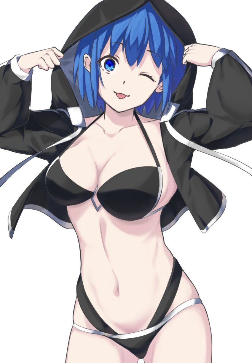 1girl :o black_hoodie blue_eyes blue_hair breasts c.i.e.l_(fate) ciel_(tsukihime) collarbone commentary_request cropped_hoodie fate/grand_order fate_(series) highres hood hoodie large_breasts looking_at_viewer navel one_eye_closed puyo991 short_hair simple_background solo standing tsukihime white_background