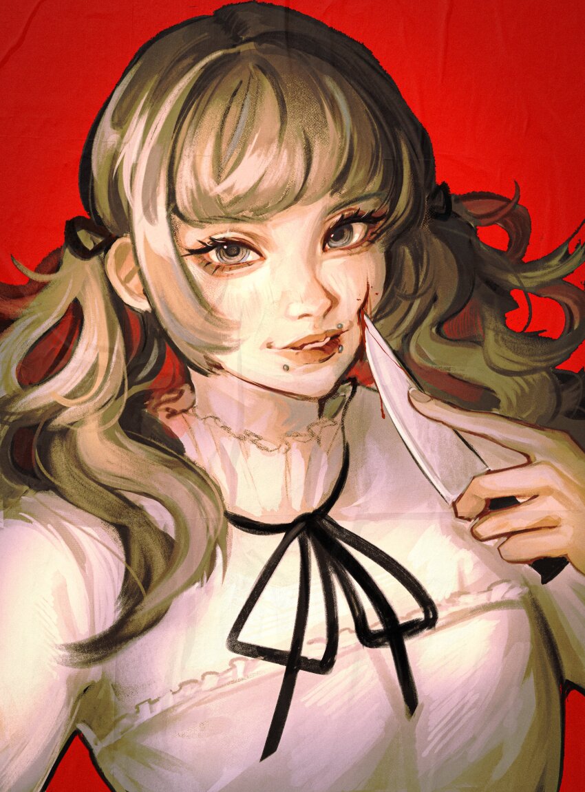 1girl absurdres black_ribbon blood blood_on_face brown_hair commentary fear_&amp;_hunger fear_&amp;_hunger_2:_termina grey_eyes hair_ribbon highres holding holding_knife kitchen_knife knife lazeuli lips long_hair long_sleeves looking_at_viewer marina_(fear_&amp;_hunger) mouth_piercing neck_ribbon parted_lips reaching reaching_towards_viewer red_background ribbon shirt smile solo twintails upper_body white_shirt