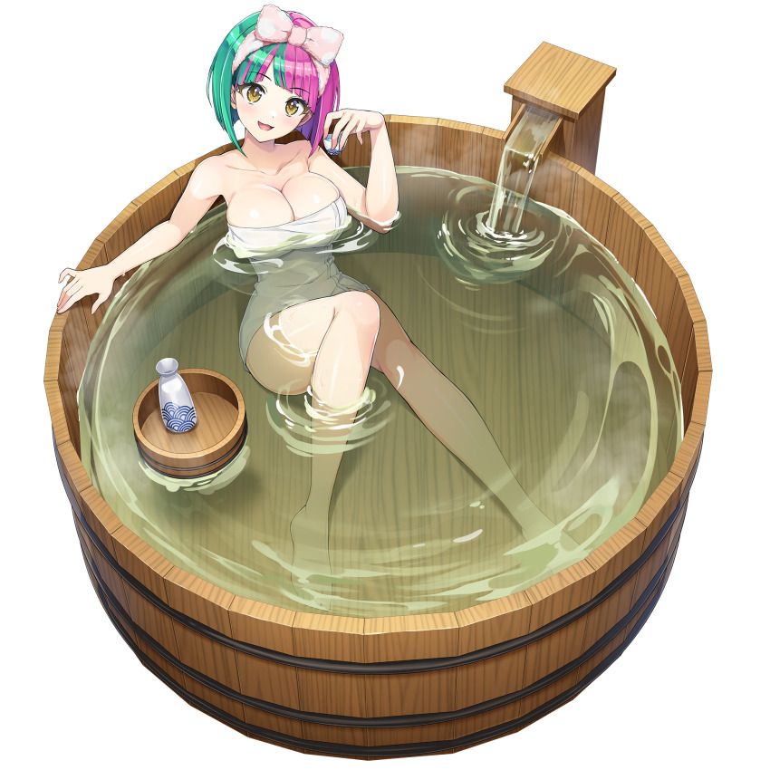 1girl :d alcohol bathing bathtub bob_cut bottle breasts choko_(cup) cleavage cup diagonal_bangs dolphin_wave green_hair helly_lewis highres large_breasts looking_at_viewer multicolored_hair naked_towel non-web_source official_art ootomo_takuji open_mouth pink_hair sake sake_bottle smile solo split-color_hair towel towel_on_head transparent_background two-tone_hair water yellow_eyes