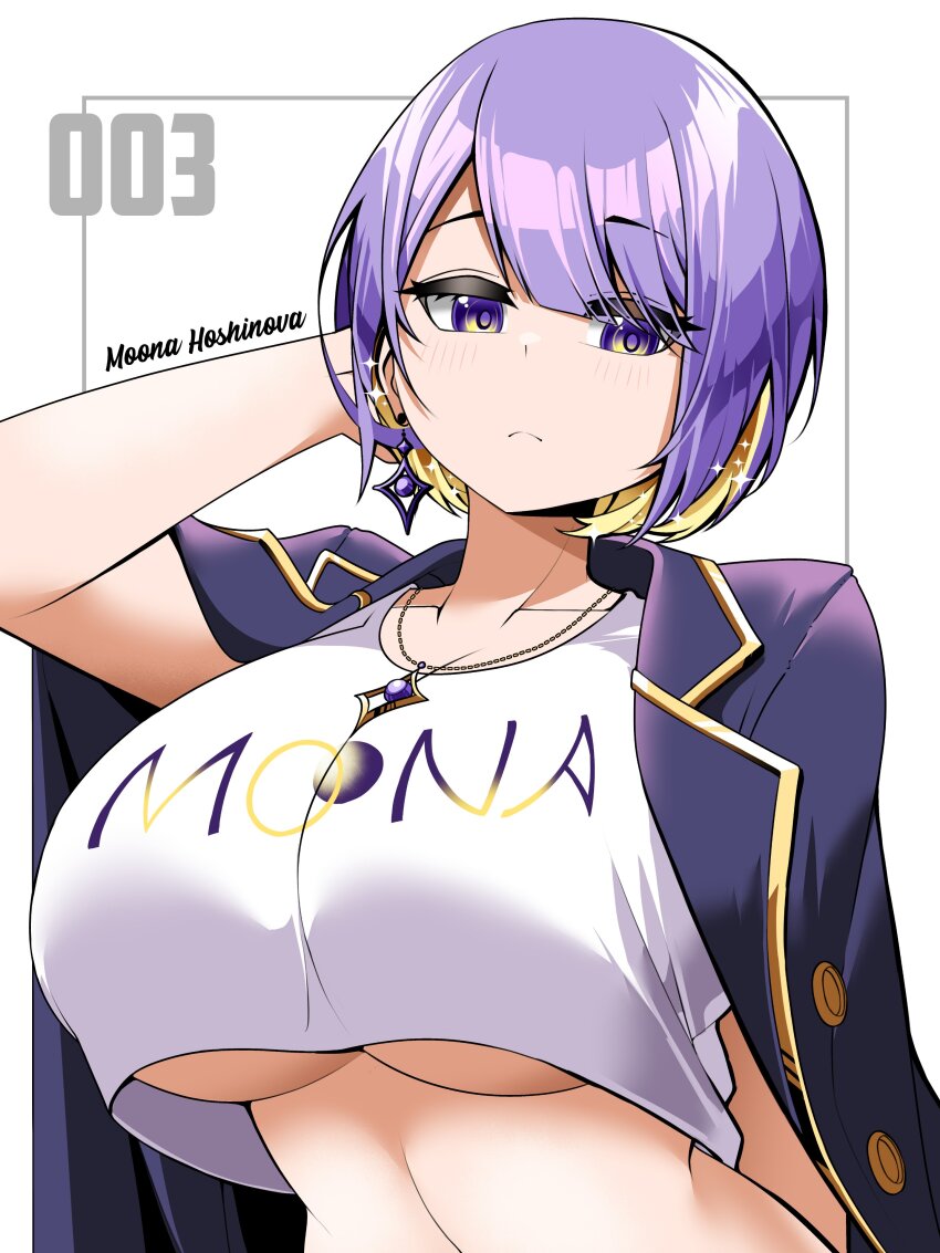 1girl absurdres arm_behind_head breasts character_name colored_inner_hair cropped_shirt earrings highres hololive hololive_indonesia jacket jacket_on_shoulders jewelry large_breasts moona_hoshinova moona_hoshinova_(casual) multicolored_hair official_alternate_costume pendant purple_eyes purple_hair saltnvalk short_hair single_earring underboob virtual_youtuber