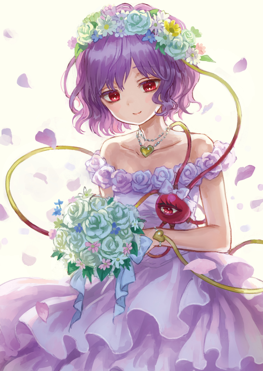 1girl absurdres alternate_costume ama-tou bare_shoulders bouquet bracelet collarbone cowboy_shot dress dress_flower falling_petals flower green_flower green_rose head_wreath heart heart_necklace highres holding holding_bouquet jewelry komeiji_satori necklace petals pink_dress purple_hair red_eyes rose short_hair smile solo third-party_source third_eye touhou wedding_dress white_background white_flower yellow_flower