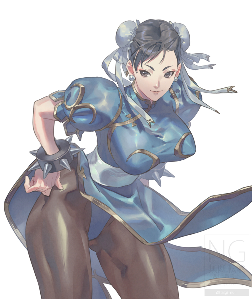 1girl bent_over black_eyes black_hair bracelet breasts capcom chinese_clothes chun-li commentary_request double_bun hair_bun hand_on_own_hip highres jewelry light_smile pantyhose short_hair side_slit spiked_bracelet spikes street_fighter talgi white_background wind wind_lift