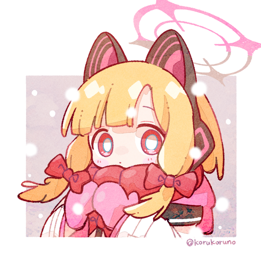 1girl animal_ear_headphones animal_ears blonde_hair blue_archive bow cat_ear_headphones closed_mouth fake_animal_ears hair_bow halo headphones highres jacket koru_koruno long_hair long_sleeves looking_at_viewer mittens momoi_(blue_archive) pink_mittens red_bow red_eyes red_scarf scarf sidelocks solo twitter_username white_jacket wide_sleeves