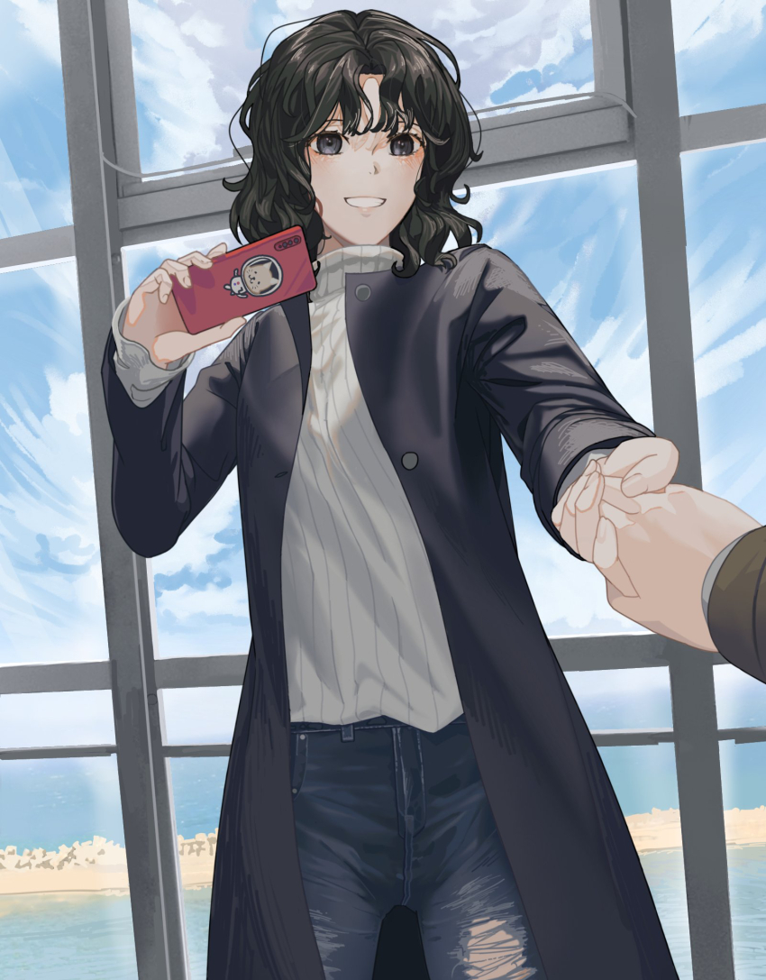 1girl amagami black_coat black_eyes black_hair cellphone clenched_teeth coat curly_hair denim highres holding holding_hands holding_phone jeans long_sleeves looking_at_viewer medium_hair messy_hair nanidato_(nanidat0) ocean pants parted_bangs phone pov pov_hands ribbed_sweater sky smartphone smile solo_focus sweater tanamachi_kaoru teeth turtleneck turtleneck_sweater wavy_hair white_sweater window