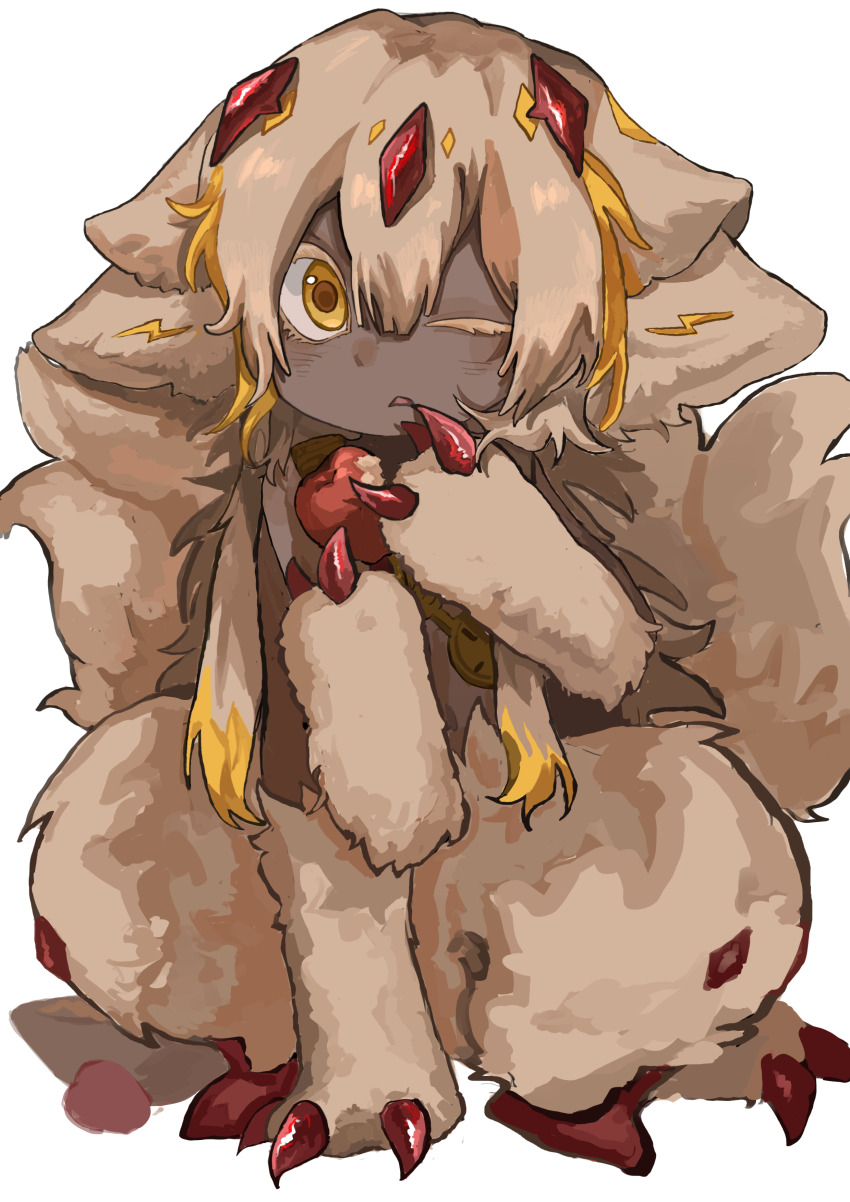 1girl absurdres animal_ears apple body_fur brown_fur brown_hair chen_(yjc9987) claws colored_eyelashes d: dark-skinned_female dark_skin extra_arms faputa fewer_digits food fruit full_body highres holding holding_food holding_fruit horns long_hair looking_at_viewer made_in_abyss monster_girl multicolored_hair multiple_horns multiple_tails one_eye_closed open_mouth red_horns sidelocks simple_background sitting solo streaked_hair tail two-tone_hair white_background yellow_eyes