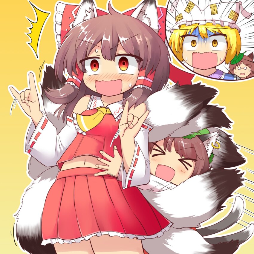 4girls alru_greens animal_ears cat_ears cat_tail chen fox_tail futatsuiwa_mamizou hakurei_reimu hat highres hug hug_from_behind kemonomimi_mode midriff mob_cap multiple_girls multiple_tails navel nekomata red_skirt red_vest skirt skirt_set tail touhou two_tails vest yakumo_ran