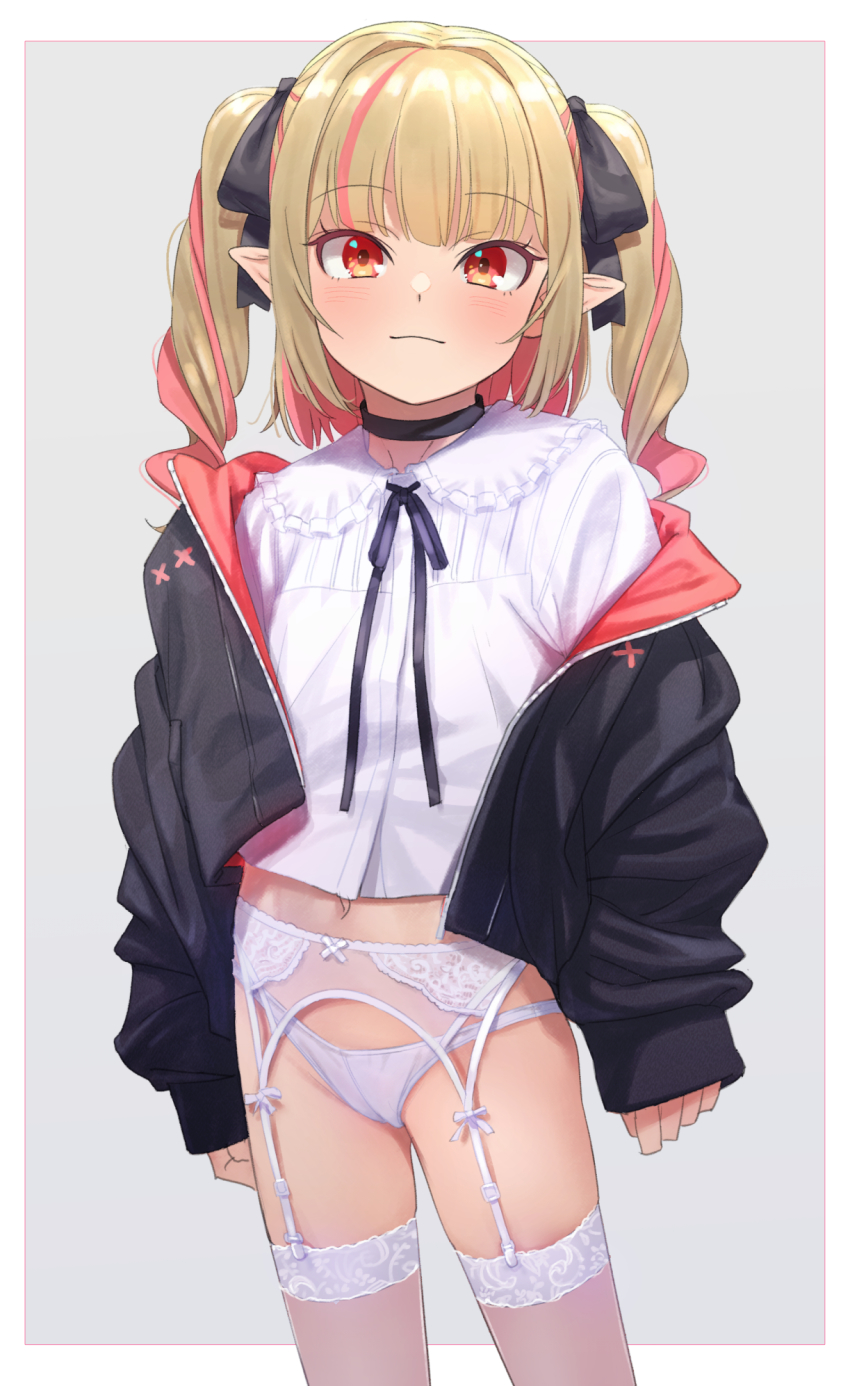 1girl black_choker black_jacket black_ribbon blush border cameltoe choker collar commentary cowboy_shot dress_shirt drill_hair frilled_collar frills garter_belt garter_straps grey_background grey_hair hair_ribbon highres jacket lingerie long_hair long_sleeves looking_at_viewer makaino_ririmu multicolored_hair navel neck_ribbon nijisanji no_pants off_shoulder open_clothes open_jacket panties pink_hair pointy_ears red_eyes ribbon sabamen shirt sleeves_past_wrists smile solo streaked_hair thighhighs twin_drills two-tone_hair underwear virtual_youtuber white_border white_panties white_shirt