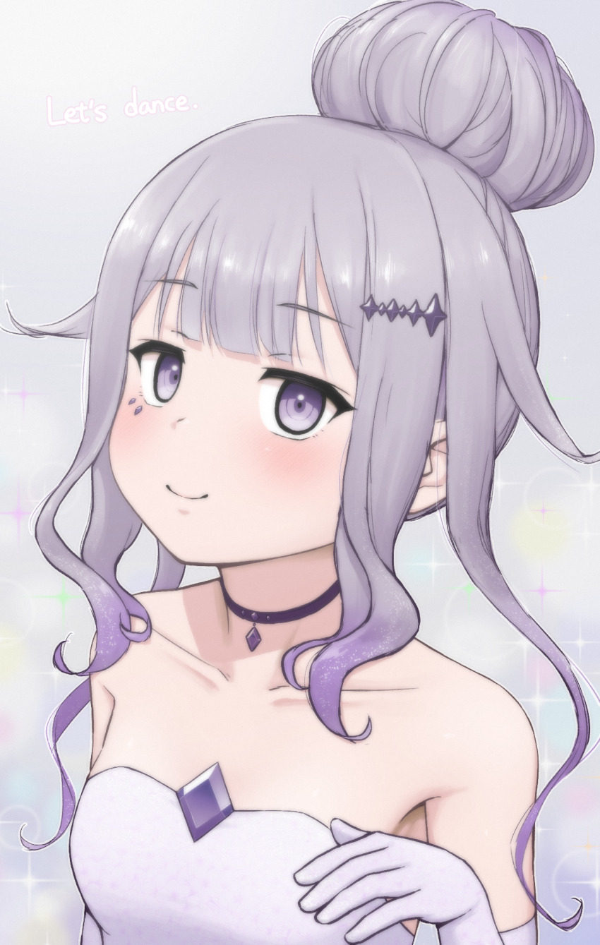 1girl chest_jewel choker closed_mouth dress elbow_gloves english_text face_jewel gloves gradient_hair grey_background grey_hair hair_bun highres hololive hololive_english jewel_under_eye koseki_bijou looking_at_viewer material_growth multicolored_hair purple_choker purple_eyes purple_hair sanwanton simple_background smile solo virtual_youtuber white_dress