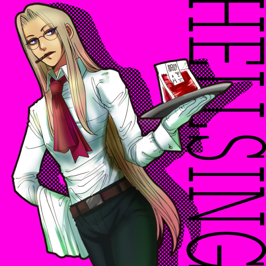 1girl ascot blood blood_bag blue_eyes breasts butler cigar copyright_name cowboy_shot dutch_angle glasses gloves hellsing highres holding holding_towel holding_tray integra_hellsing light_brown_hair long_hair red_ascot small_breasts smoking solo toshimichi_yukari towel tray very_long_hair white_gloves