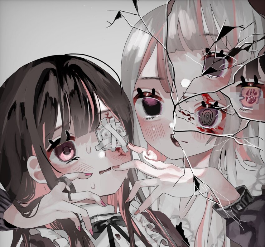 2girls aegyo_sal black_bow black_bowtie black_eyes blush bow bowtie brown_hair center_frills colored_inner_hair cracked_screen eyepatch frills gauze gauze_over_eye grey_background grey_hair hanataro_(sruvhqkehy1zied) hands_up highres long_hair long_sleeves looking_at_another medical_eyepatch mismatched_pupils multicolored_hair multiple_girls nail_polish open_mouth original pink_eyes pink_hair pink_nails ringed_eyes scared simple_background smile sweat two-tone_hair upper_body