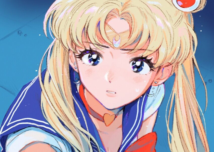 1girl 43_pon bad_id bad_twitter_id bishoujo_senshi_sailor_moon blonde_hair blue_background blue_eyes blue_sailor_collar choker crescent crescent_earrings derivative_work diadem double_bun earrings hair_bun hair_over_shoulder heart heart_choker highres jewelry long_hair looking_at_viewer magical_girl meme parted_bangs parted_lips red_choker sailor_collar sailor_moon_redraw_challenge_(meme) sailor_senshi_uniform screenshot_redraw solo tile_floor tiles twintails upper_body