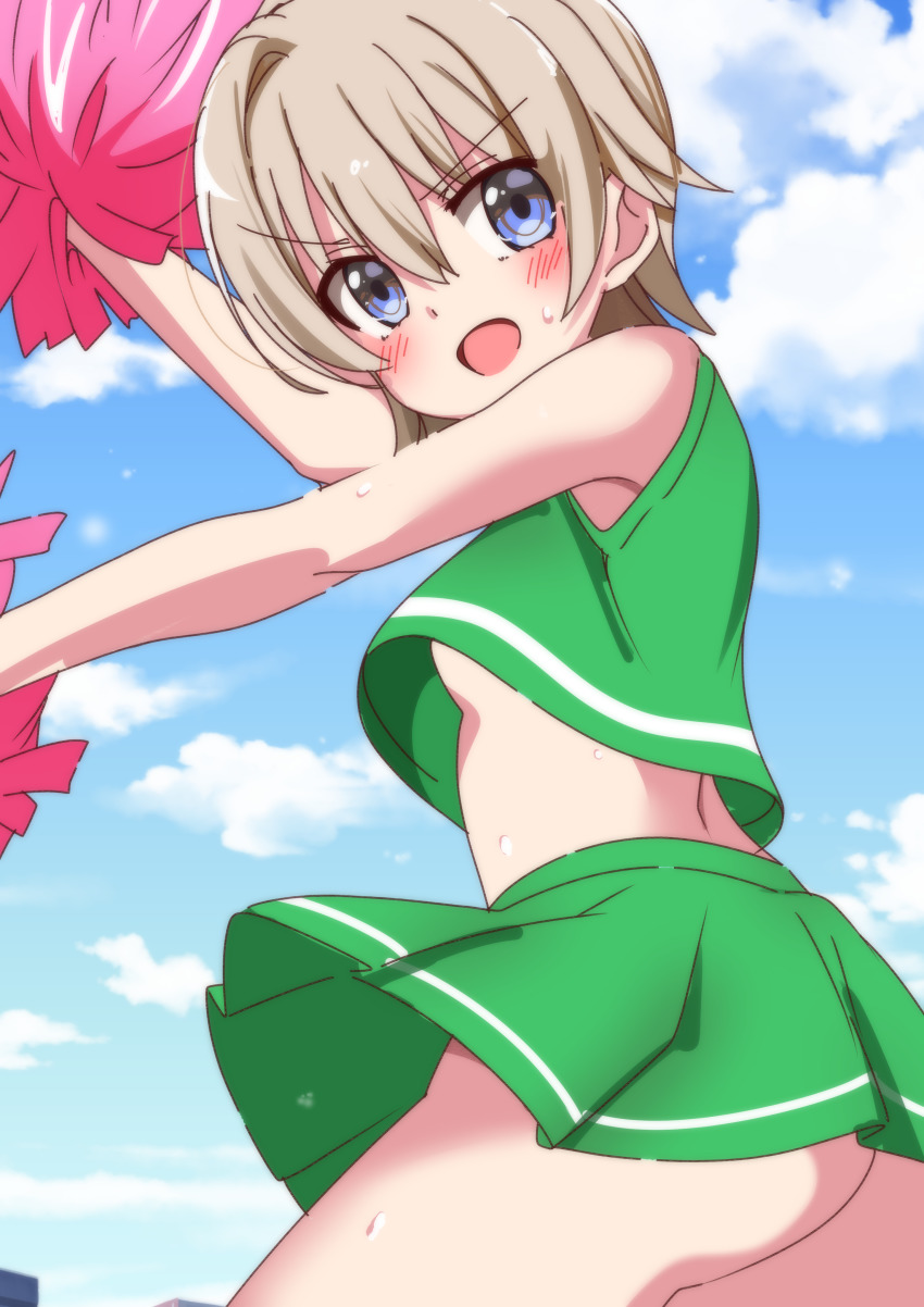 10s 1girl absurdres ass bad_id bad_pixiv_id blue_eyes blue_sky blush breasts cheerleader cloud day gakkou_gurashi! green_skirt highres looking_at_viewer medium_breasts naoki_miki no_bra no_panties open_mouth pom_pom_(cheerleading) short_hair sinakyo skirt sky sleeveless solo sweat underboob