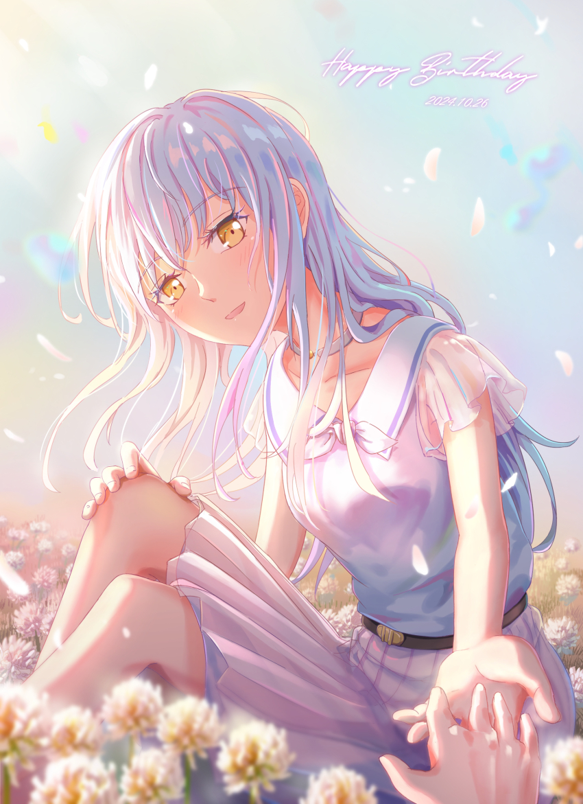 2girls absurdres bang_dream! belt black_belt blue_hair blue_shirt blush choker collarbone commentary dated falling_petals field flower flower_field happy_birthday highres imai_lisa long_hair minato_yukina multiple_girls open_mouth petals pleated_skirt reaching see-through_clothes see-through_sleeves shih_lion shirt short_sleeves sidelocks sitting skirt white_choker white_skirt yellow_eyes