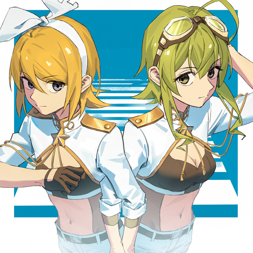 2girls ahoge aiguillette arm_behind_head belt belt_buckle black_belt black_bra black_gloves blonde_hair blue_eyes bow bow_hairband bra breasts brooch buckle cleavage clothing_cutout crosswalk epaulettes gloves goggles goggles_on_head green_eyes green_hair gumi hair_bow hair_ornament hairband half_gloves highres invisible_(vocaloid) jacket jewelry kagamine_rin looking_at_viewer medium_breasts midriff multiple_girls navel short_hair shorts sleeves_rolled_up sports_bra star_(symbol) star_brooch underwear vocaloid white_bow white_hairband white_jacket white_shorts wounds404