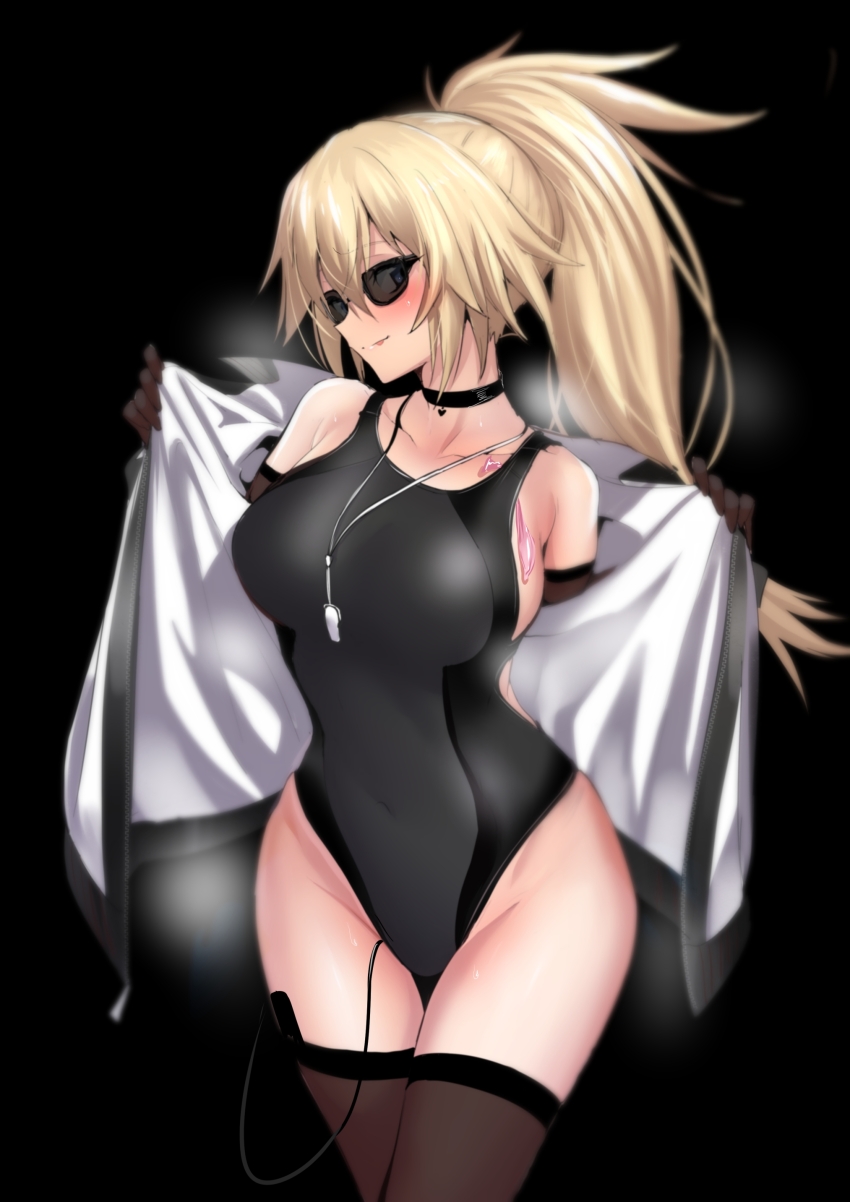 1girl absurdres bare_shoulders black-framed_eyewear black_background black_one-piece_swimsuit blonde_hair blue_eyes breasts brown_gloves brown_thighhighs choker collarbone competition_swimsuit condom covered_navel elbow_gloves fate/grand_order fate_(series) glasses gloves hair_between_eyes highres jacket jeanne_d&#039;arc_(fate) jeanne_d&#039;arc_(swimsuit_archer)_(fate) jeanne_d&#039;arc_(swimsuit_archer)_(second_ascension)_(fate) large_breasts long_hair looking_at_viewer looking_to_the_side off_shoulder one-piece_swimsuit open_clothes open_jacket remote_control_vibrator sex_toy simple_background smile solo sunglasses swimsuit thighhighs thighs ulrich_(tagaragakuin) used_condom vibrator vibrator_cord vibrator_in_thighhighs whistle whistle_around_neck white_jacket zipper