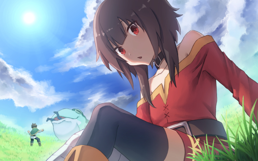 1boy 1girl animal bandaged_leg bandages belt black_hair black_thighhighs blush creature day emoemon frog giant_toad gloves grass kono_subarashii_sekai_ni_shukufuku_wo! legs looking_at_viewer megumin outdoors oversized_animal red_eyes satou_kazuma short_hair_with_long_locks sitting solo_focus sun thighhighs toad_(animal) vore