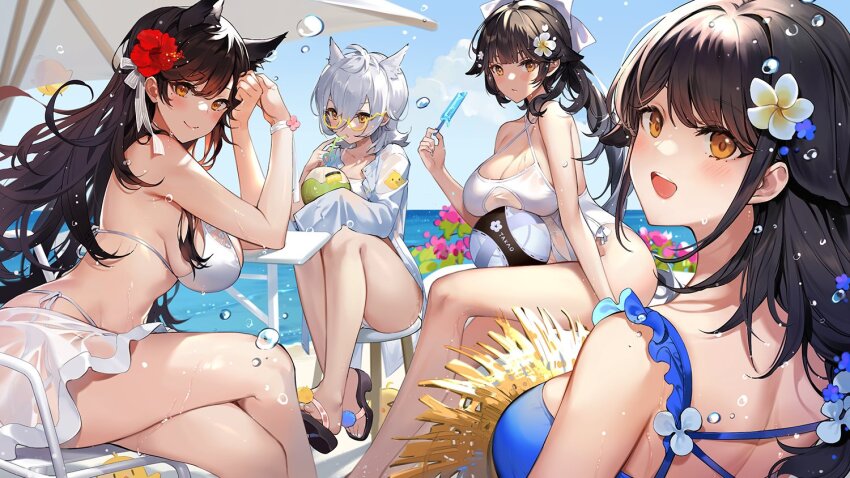 4girls alternate_costume animal_ears atago_(azur_lane) atago_(summer_march)_(azur_lane) azur_lane ball bare_legs bare_shoulders beach beach_umbrella beachball bikini black_footwear black_hair blue_dress blue_sky blush bow breast_rest breasts casual_one-piece_swimsuit chair choukai_(azur_lane) cleavage closed_mouth collared_shirt criss-cross_halter crossed_legs day dog_ears dog_girl dress extra_ears flower food frills glasses grey_hair hair_bow hair_flaps hair_flower hair_ornament halterneck hat hatoyama_itsuru holding holding_food large_breasts long_hair looking_at_viewer looking_back maya_(azur_lane) medium_breasts multiple_girls ocean official_alternate_costume one-piece_swimsuit open_mouth outdoors ponytail popsicle ribbon sandals sarong see-through_clothes see-through_shirt shirt short_hair siblings sidelocks sisters sitting sky smile straw_hat swept_bangs swimsuit takao_(azur_lane) takao_(beach_rhapsody)_(azur_lane) thighs umbrella water water_drop wet wet_clothes white_bikini white_bow white_one-piece_swimsuit white_ribbon white_shirt yellow_eyes