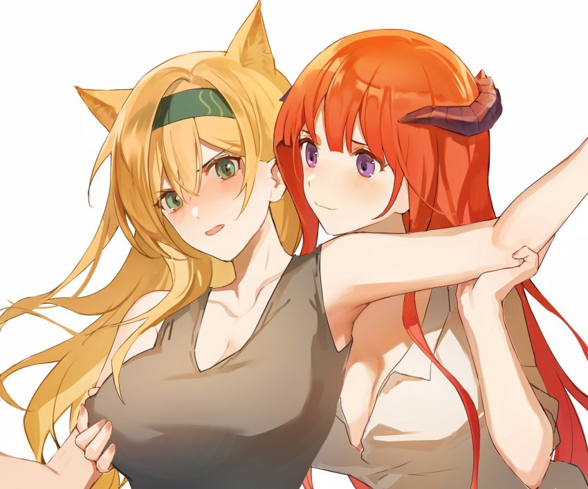 2girls alternate_costume animal_ears arknights arm_grab arm_up armpits bagpipe_(arknights) bare_arms bare_shoulders blonde_hair blush breasts cleavage dragon_horns grabbing_another&#039;s_breast grabbing_from_behind green_eyes green_hairband groping hairband highres horn_(arknights) horns large_breasts long_hair multiple_girls nipple_stimulation nipple_tweak nose_blush open_mouth purple_eyes qinglai_haiji shirt short_sleeves simple_background sleeveless tank_top upper_body v-shaped_eyebrows white_background white_shirt wolf_ears yuri