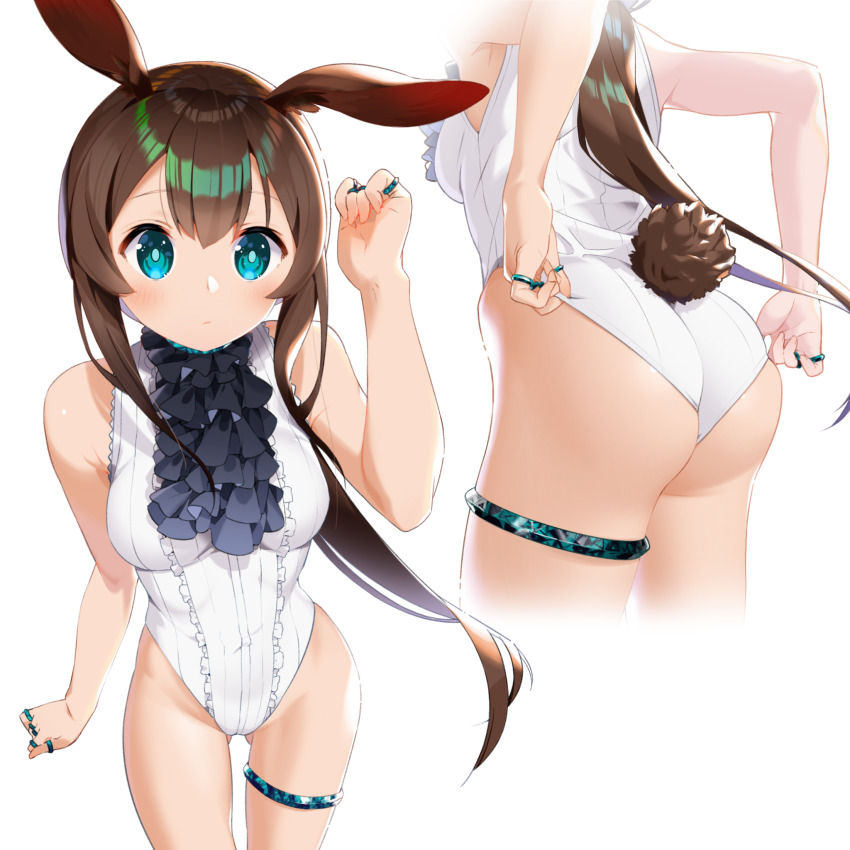 1girl adapted_costume amiya_(arknights) animal_ears arknights bare_arms bare_legs bare_shoulders black_neckwear blush breasts brown_hair center_frills closed_mouth commentary_request covered_navel frills gluteal_fold green_eyes hair_between_eyes highleg highleg_leotard highres jewelry leotard leotard_tug long_hair looking_at_viewer medium_breasts multiple_rings pantyhose playboy_bunny ponytail rabbit_ears rabbit_girl ring shikaemon simple_background small_breasts solo standing thigh_strap very_long_hair wedgie white_background white_leotard