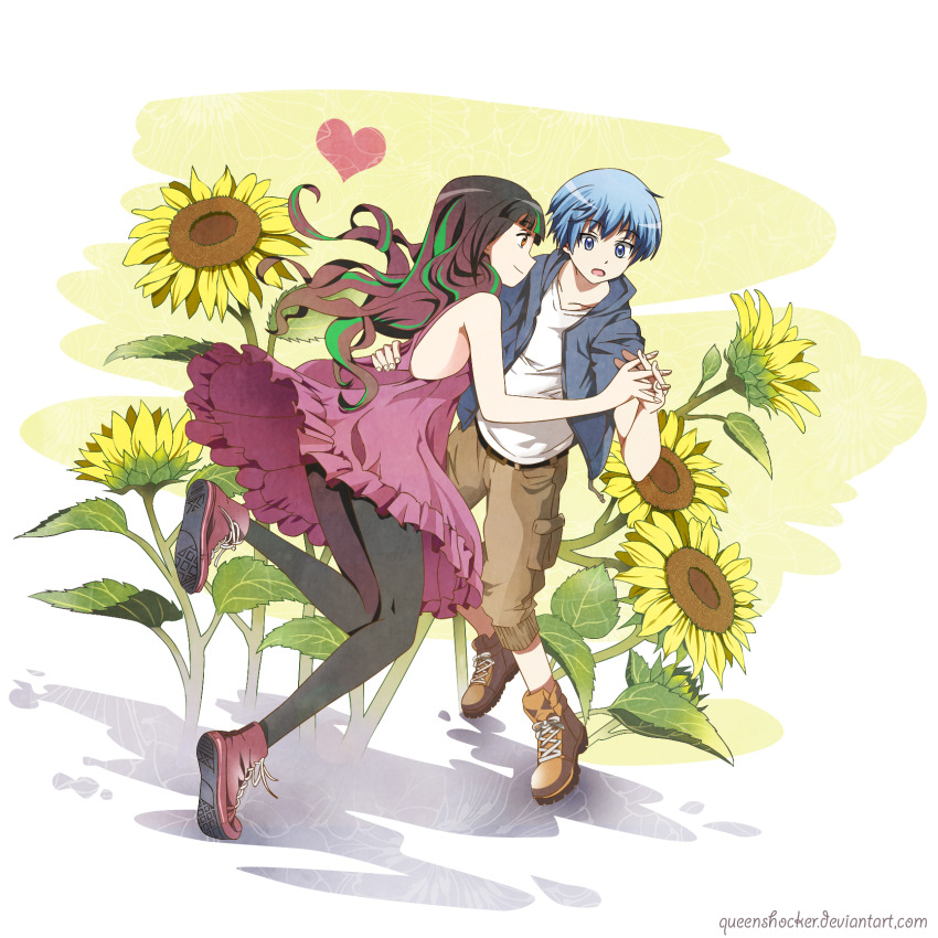 1boy 1girl ansatsu_kyoushitsu bare_shoulders black_hair black_pantyhose blue_eyes blue_hair blue_hoodie brown_footwear brown_pants deviantart_username dress flower full_body green_hair hand_on_another&#039;s_back heart highres holding_hands hood hoodie interlocked_fingers kayano_kaede long_hair looking_at_another multicolored_hair open_clothes open_hoodie pants pantyhose purple_dress purple_footwear queenshocker red_eyes shiota_nagisa shirt short_hair sunflower two-tone_hair white_shirt yukimura_akari